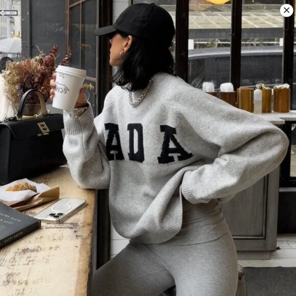NWT! Adanola ADA Oversized Knit Sweatshirt - Light Grey Melange w/ Navy - Picture 1 of 4